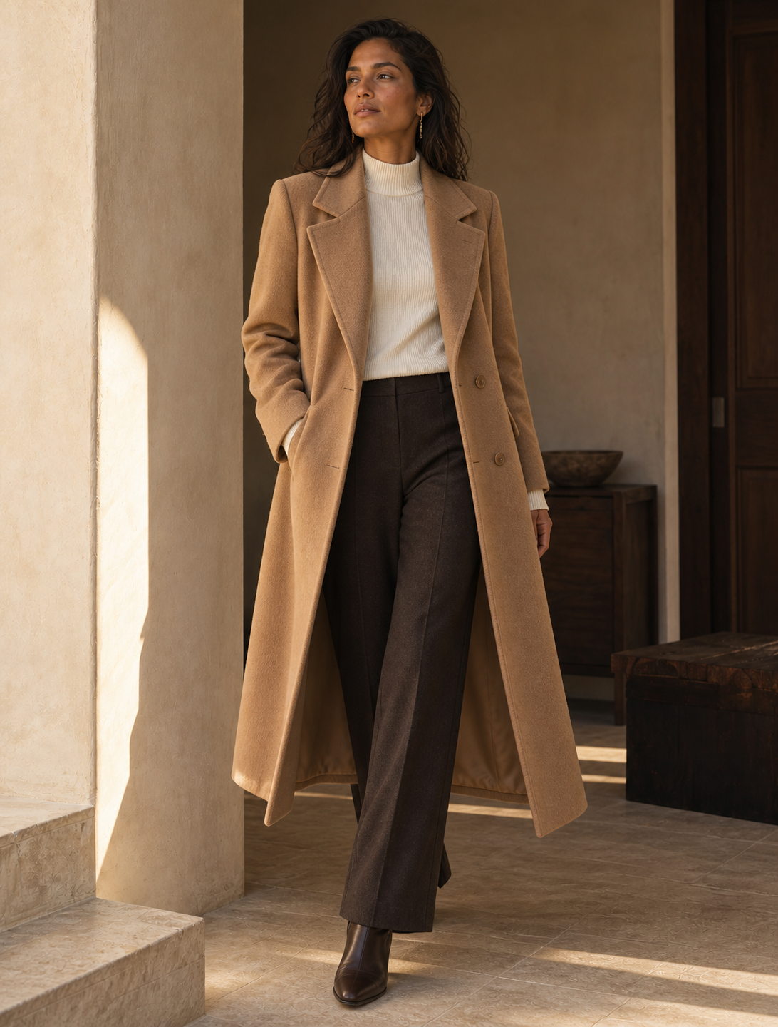 Manteau gris et silhouette chocolat sur une promenade en pierre.