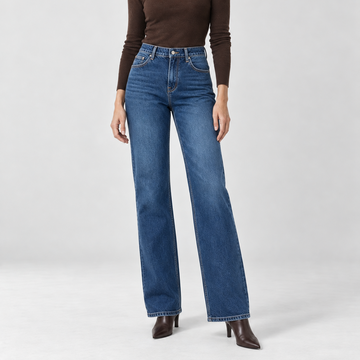 Jean droit ample taille haute bleu denim