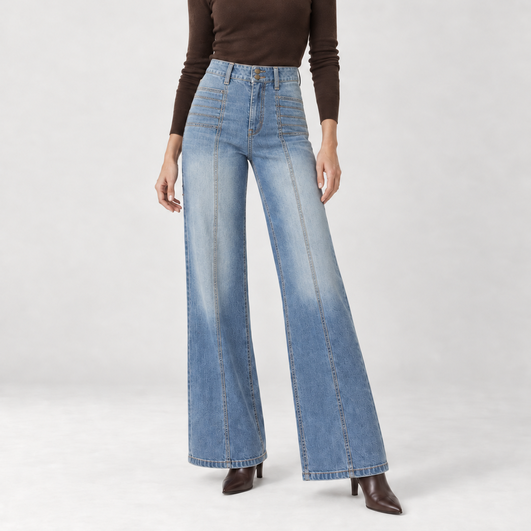 Jean large taille haute à deux boutons bleu délavé