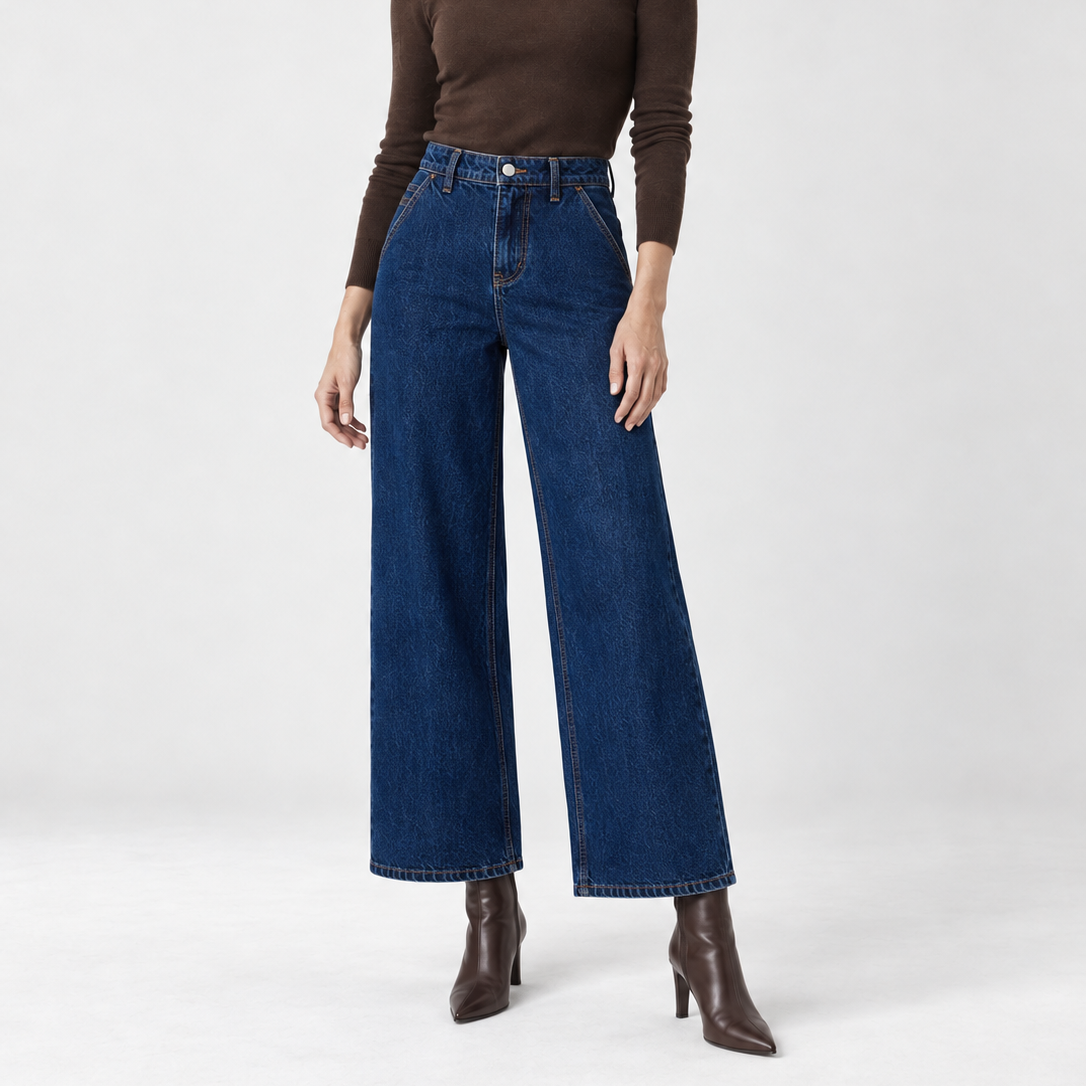 Jean large longueur cheville bleu indigo