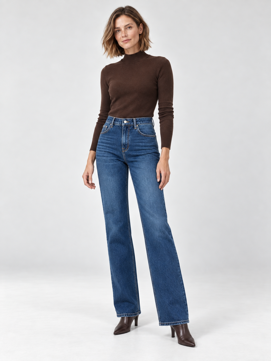 Jeans dritti ampi a vita alta in denim blu
