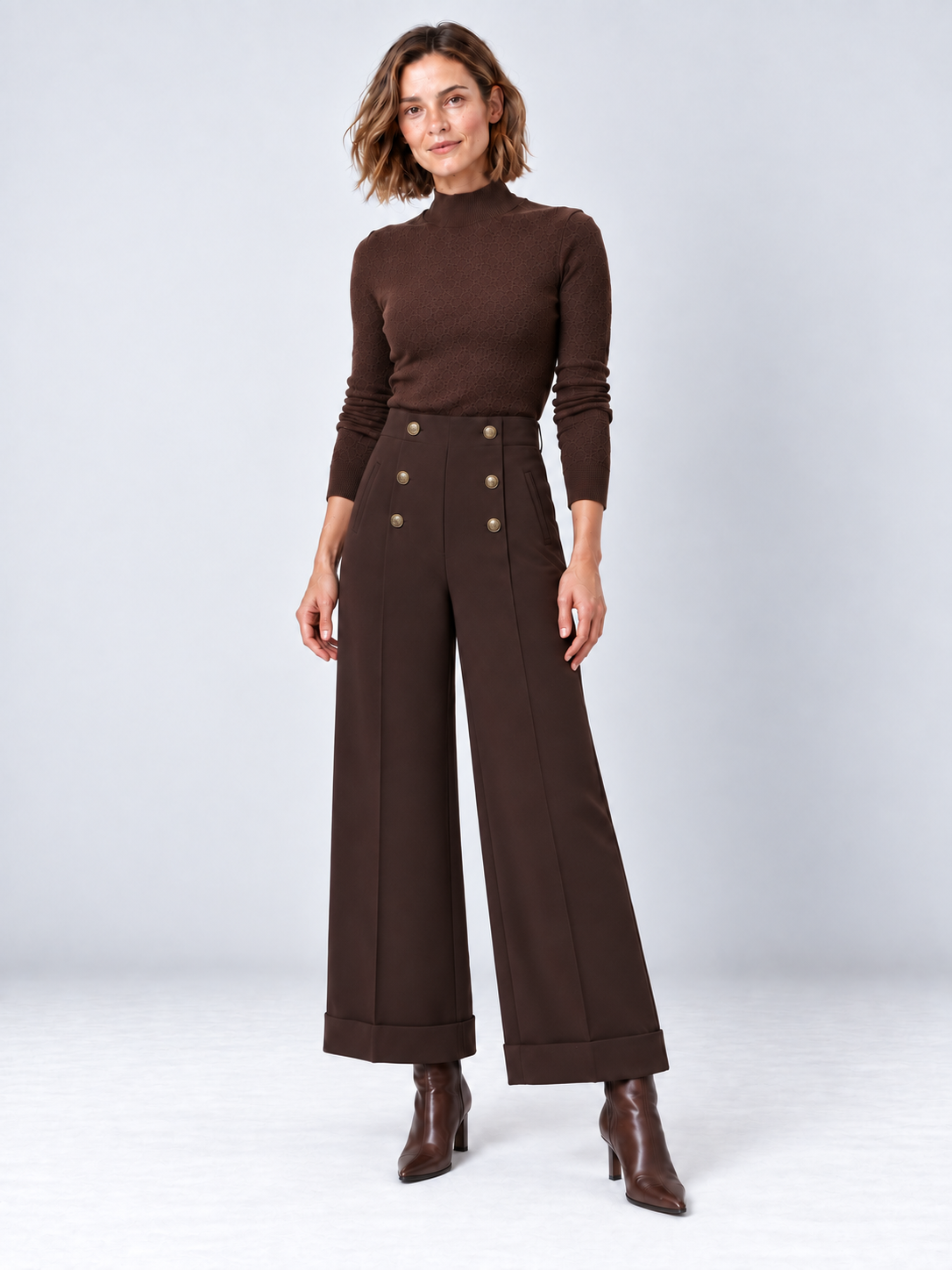 Pantalon large à boutons dorés brun expresso — Chloé