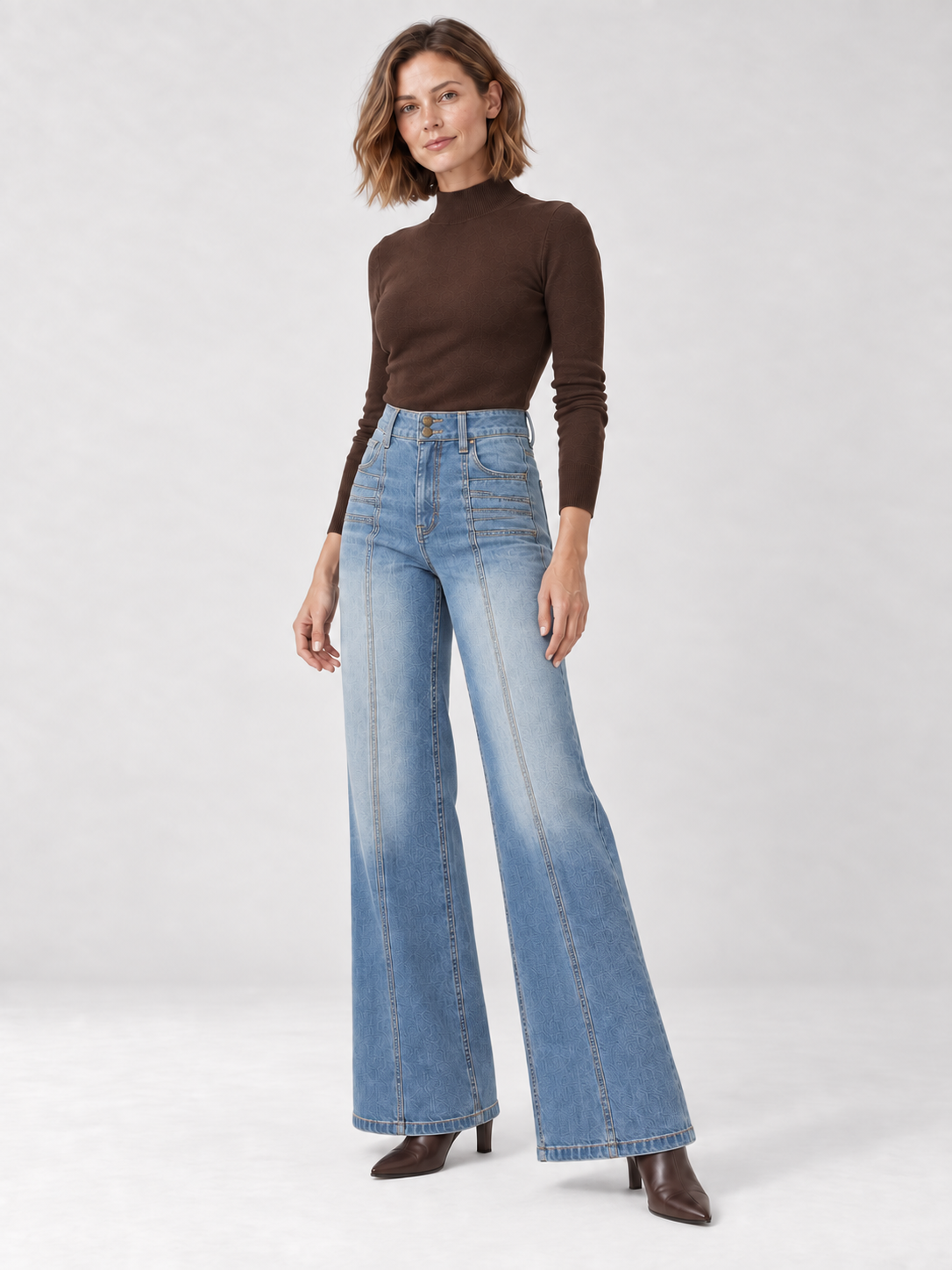 Jean large taille haute à deux boutons bleu délavé