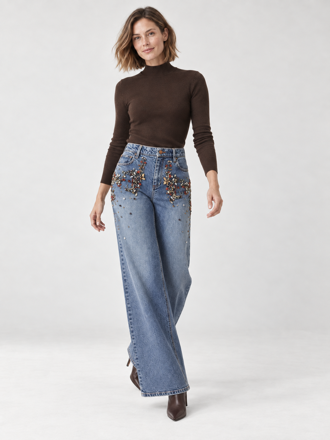 Jean large à ornements bijoux bleu délavé