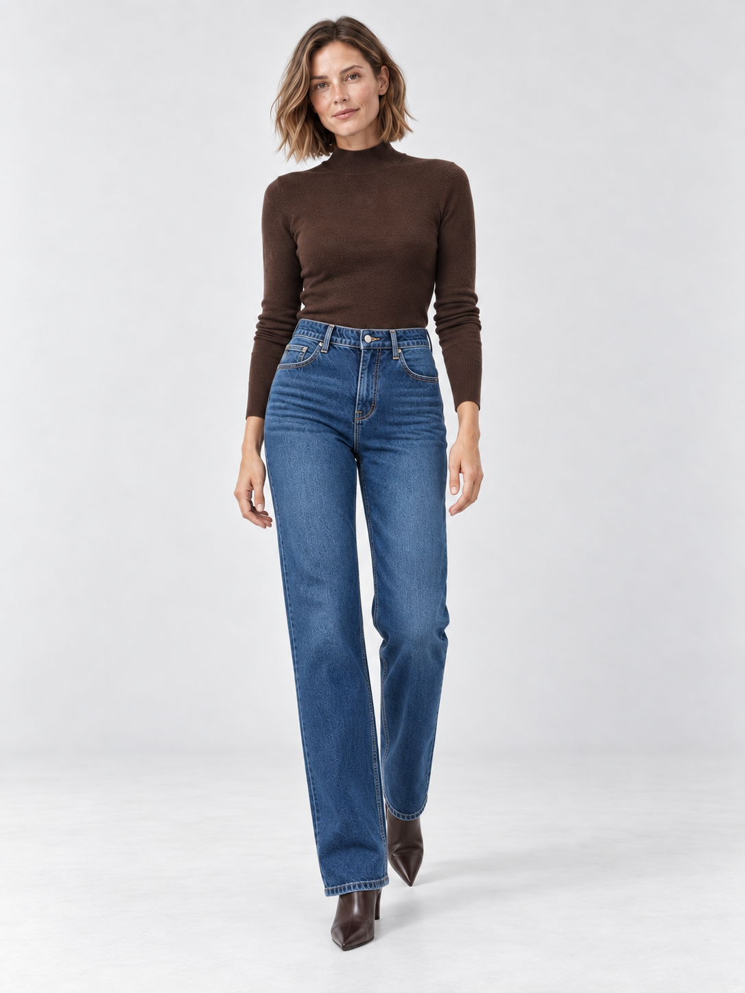 Jeans dritti ampi a vita alta in denim blu