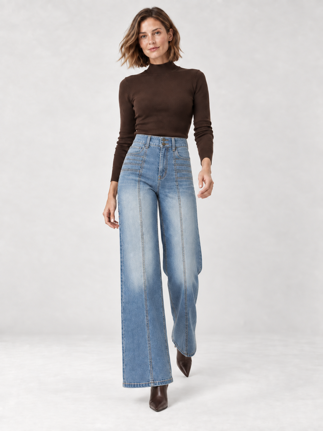 Jean large taille haute à deux boutons bleu délavé