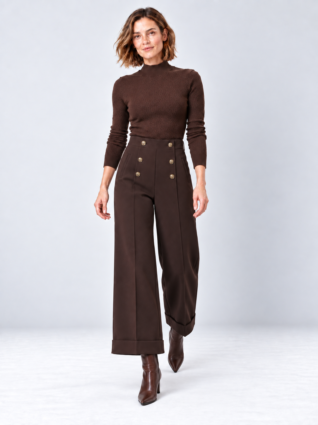 Pantalon large à boutons dorés brun expresso — Chloé