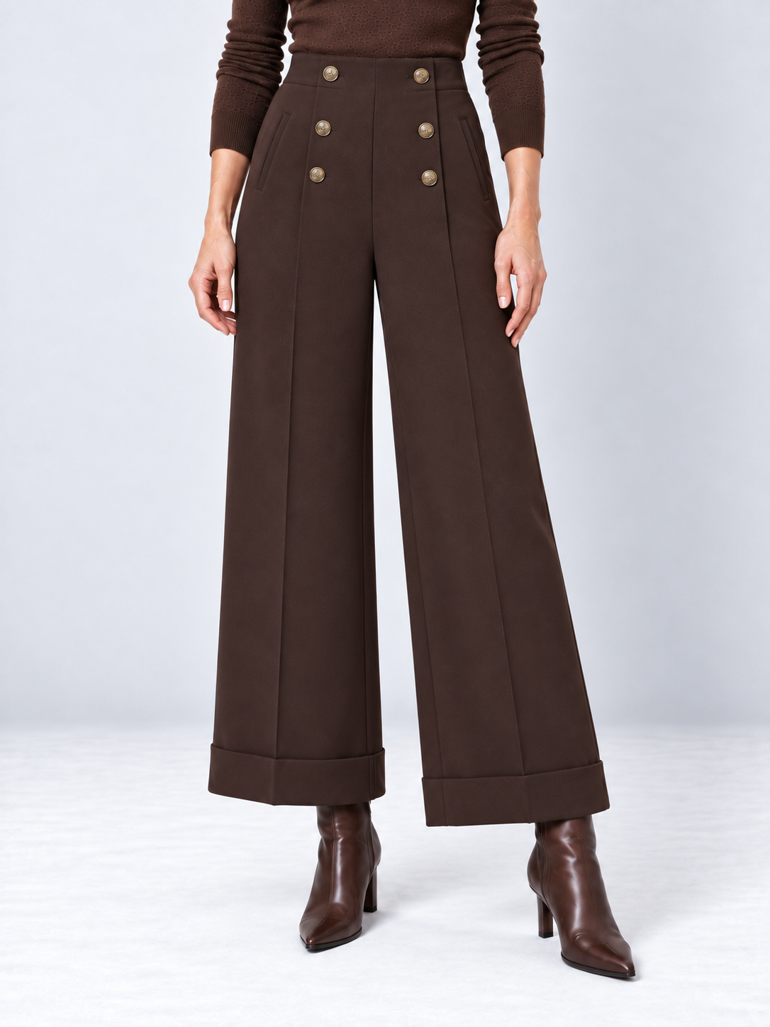 Pantalon large à boutons dorés brun expresso — Chloé