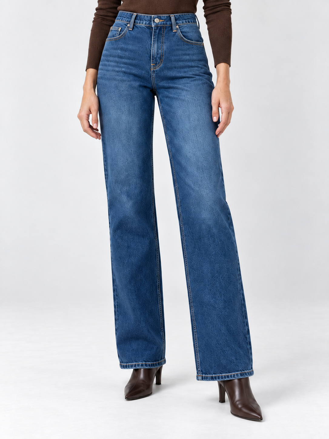 Jeans dritti ampi a vita alta in denim blu