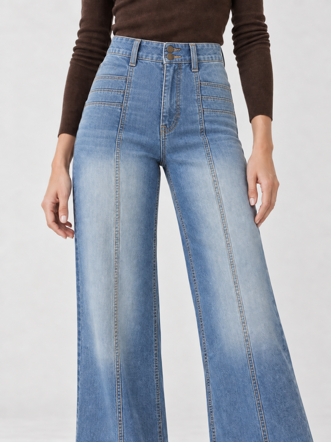 Jean large taille haute à deux boutons bleu délavé