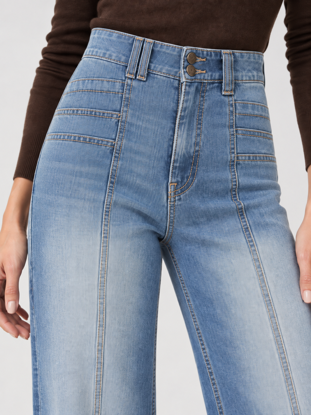 Jean large taille haute à deux boutons bleu délavé