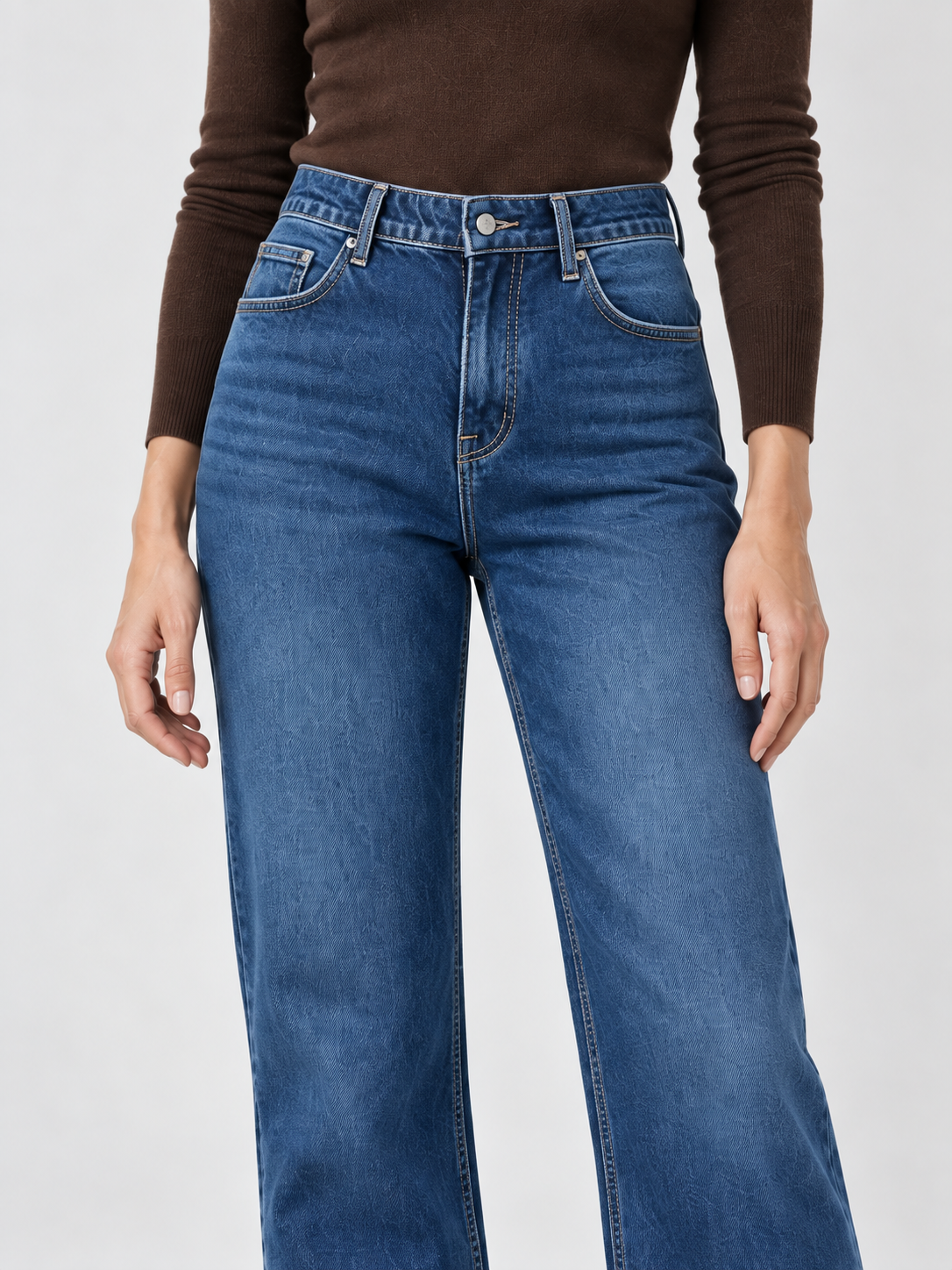Jeans dritti ampi a vita alta in denim blu