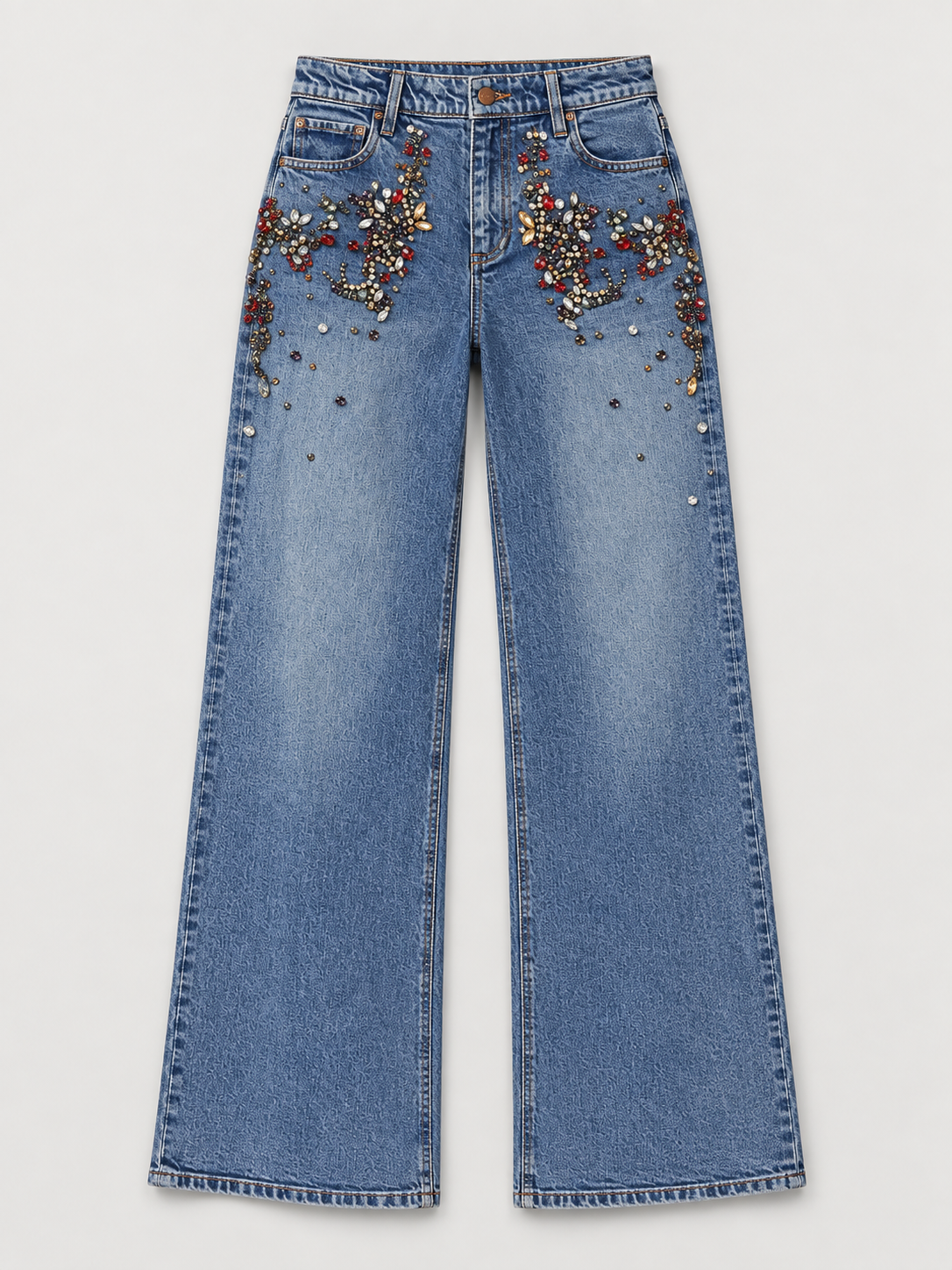 Jeans larghi con decorazioni gioiello blu slavato