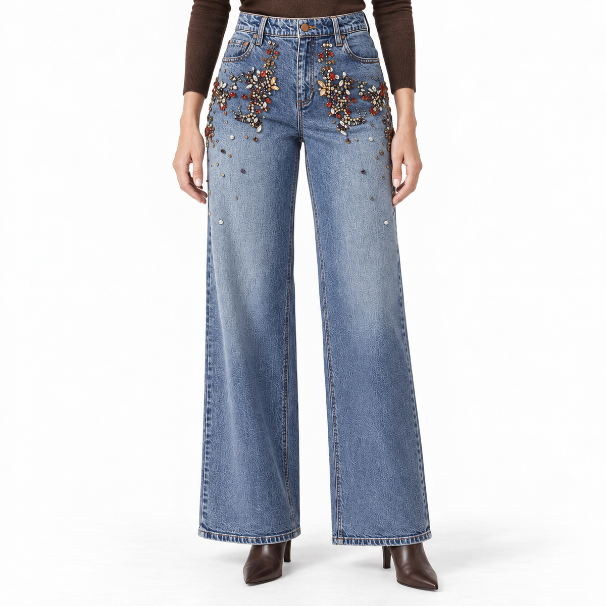Jean large à ornements bijoux bleu délavé