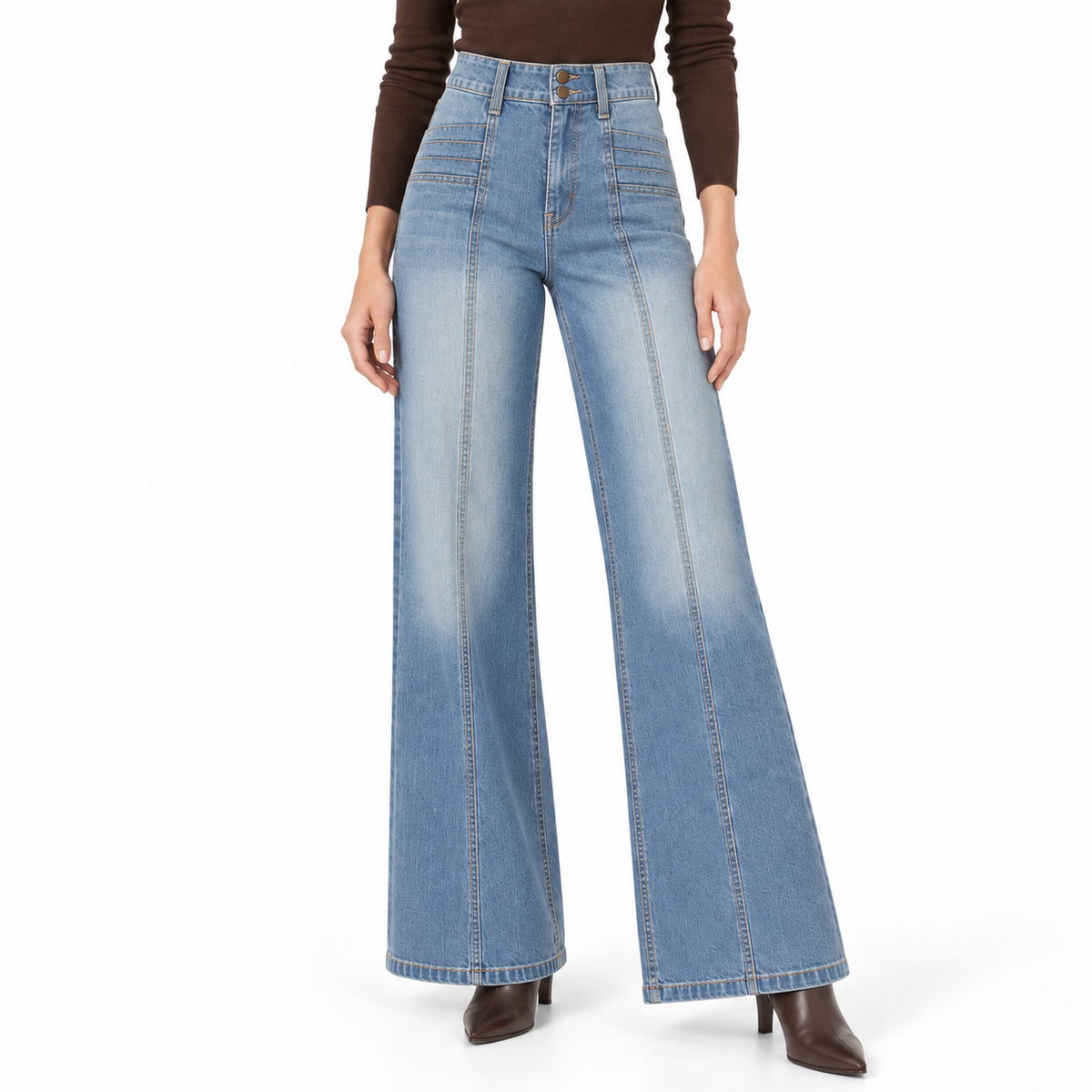 Jean large taille haute à deux boutons bleu délavé