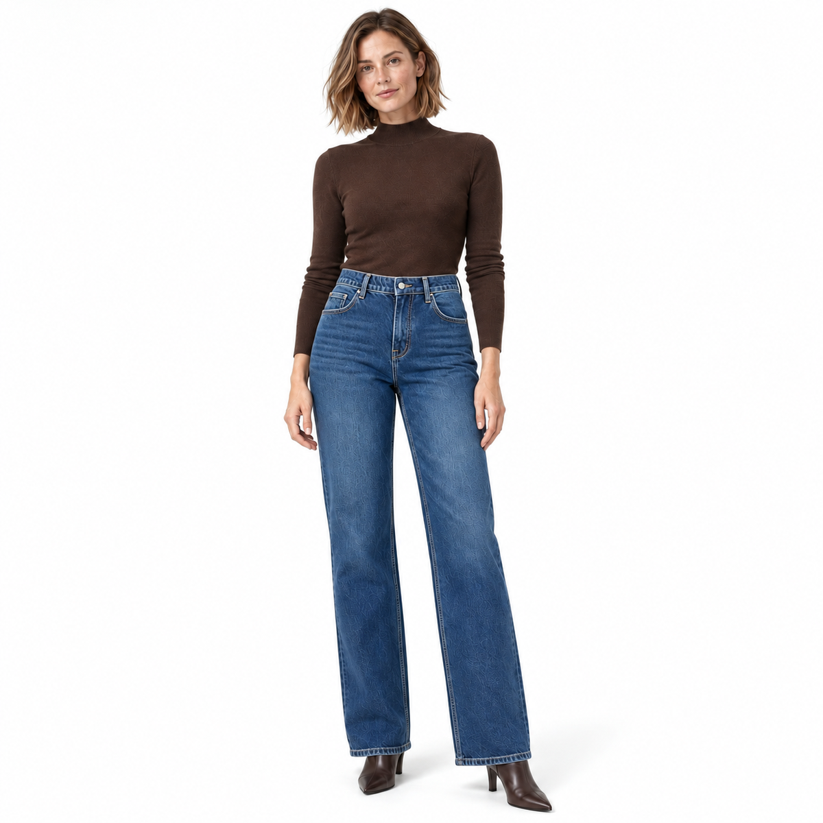 Jeans dritti ampi a vita alta in denim blu
