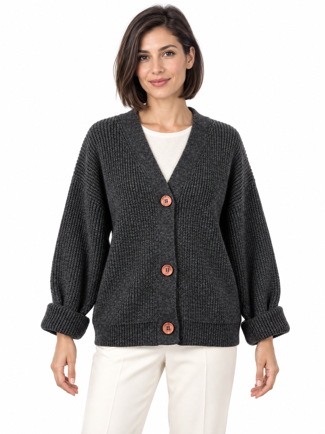 Cardigan en laine à col V et boutons contrastants — Emma