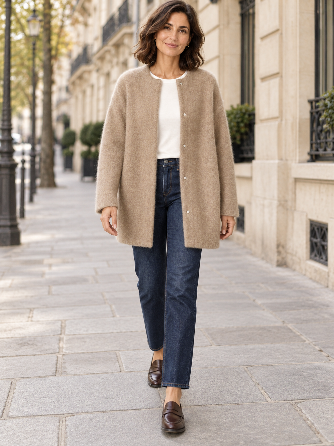 Bérengère — Beige — silhouette portée en marche à Paris