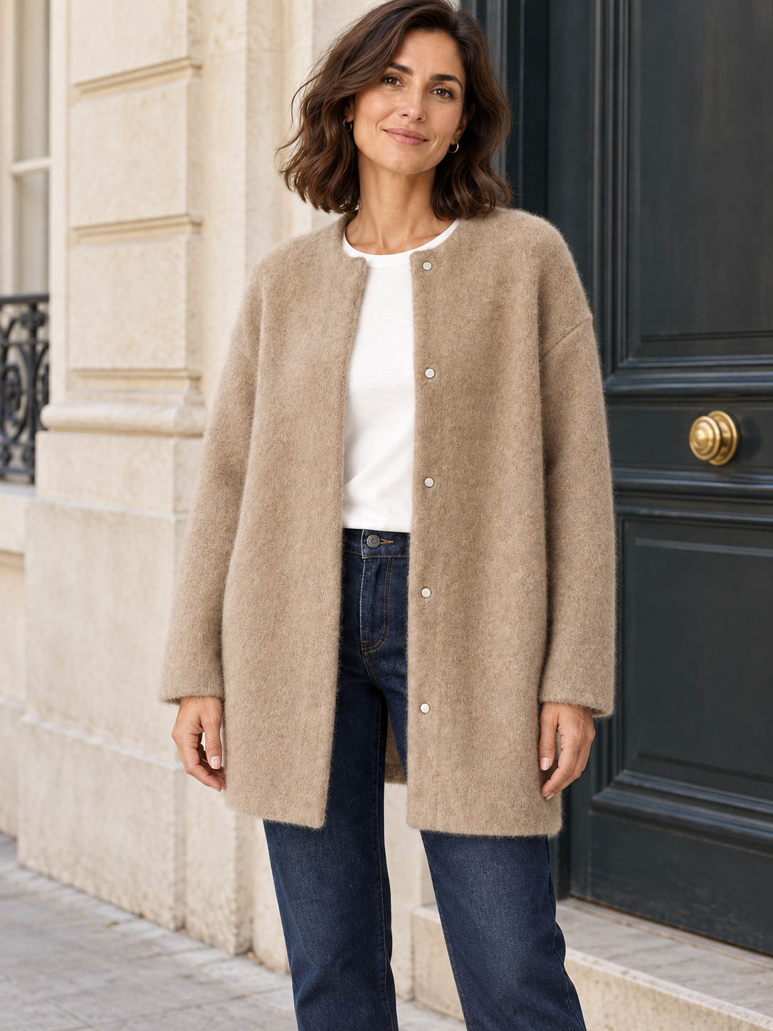 Bérengère — Beige — modèle porté devant une entrée parisienne