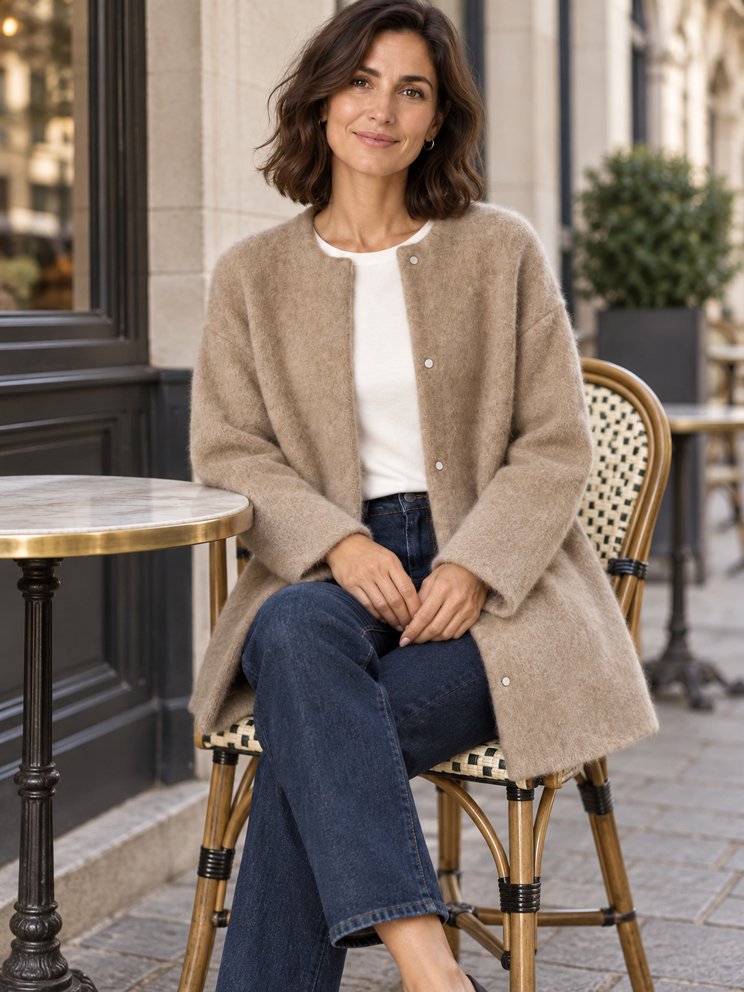 Bérengère — Beige — modèle porté assis en terrasse