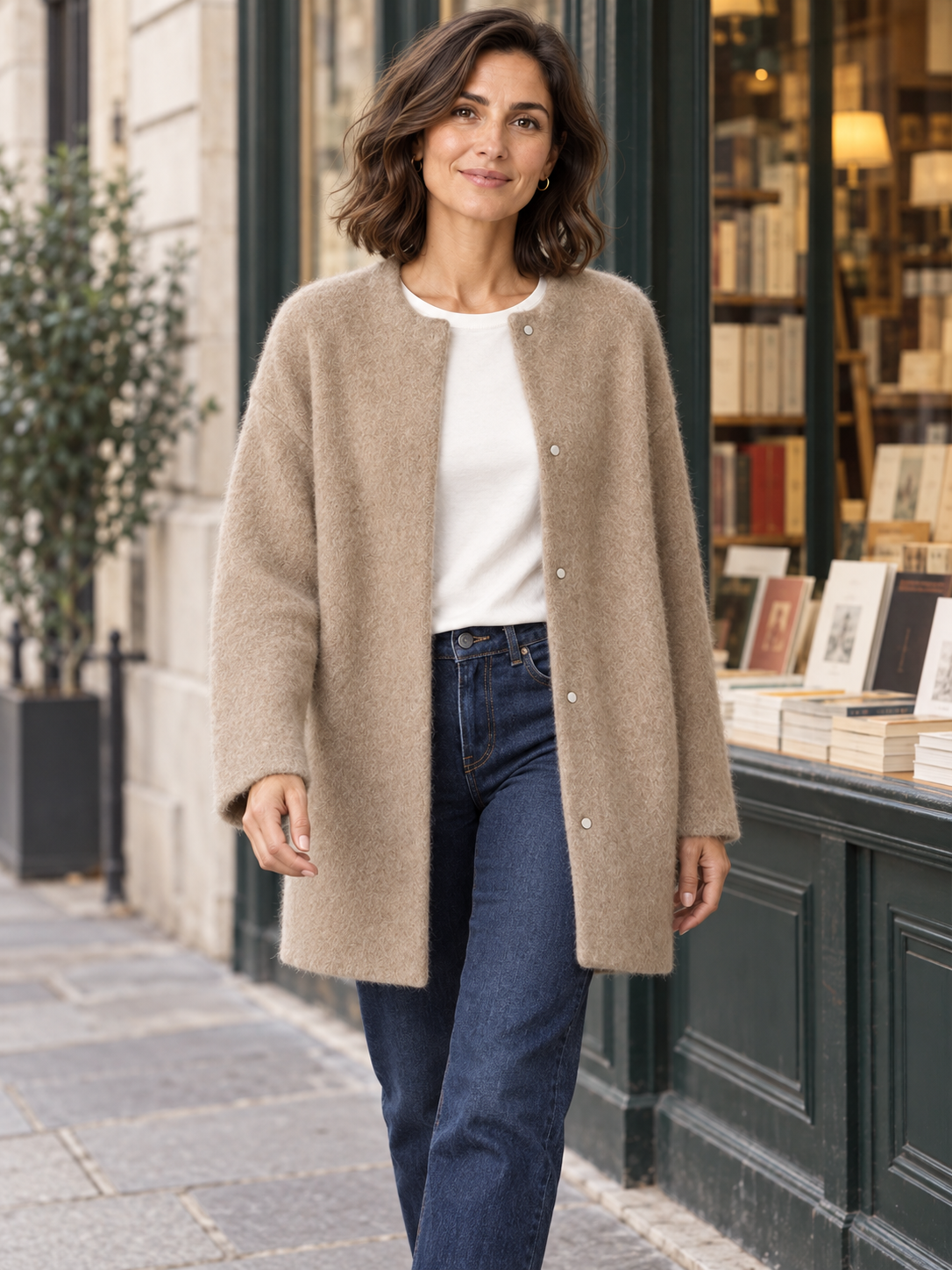 Bérengère — Beige — modèle porté près d’une librairie