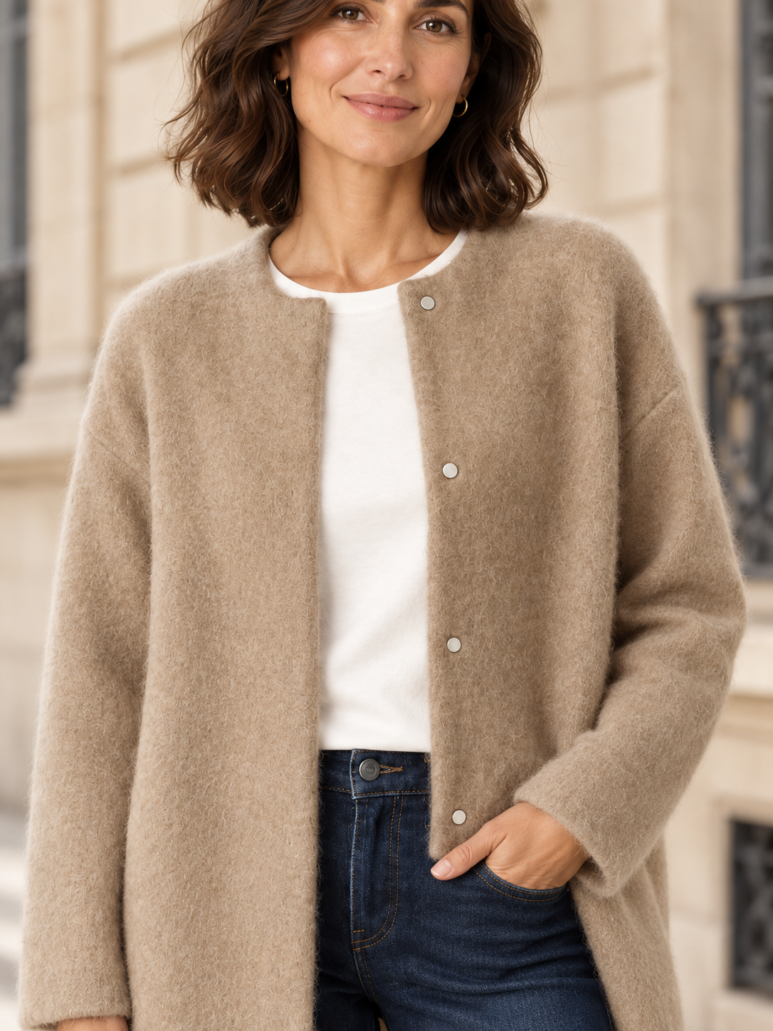 Bérengère — Beige — détail du col et des boutons-pression