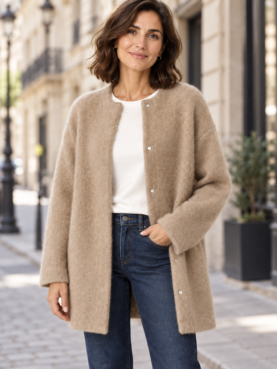 Bérengère — Beige — détail de la coupe et de la maille
