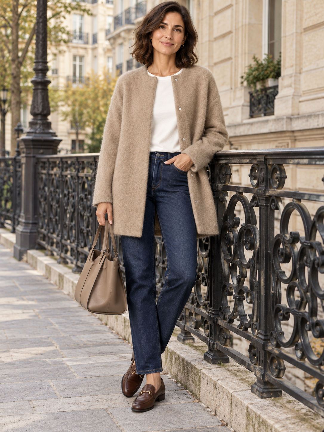 Bérengère — Beige — silhouette portée près d’une rambarde parisienne