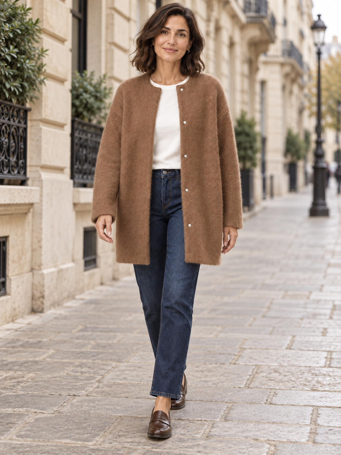 Bérengère — Caramel — silhouette portée en marche à Paris
