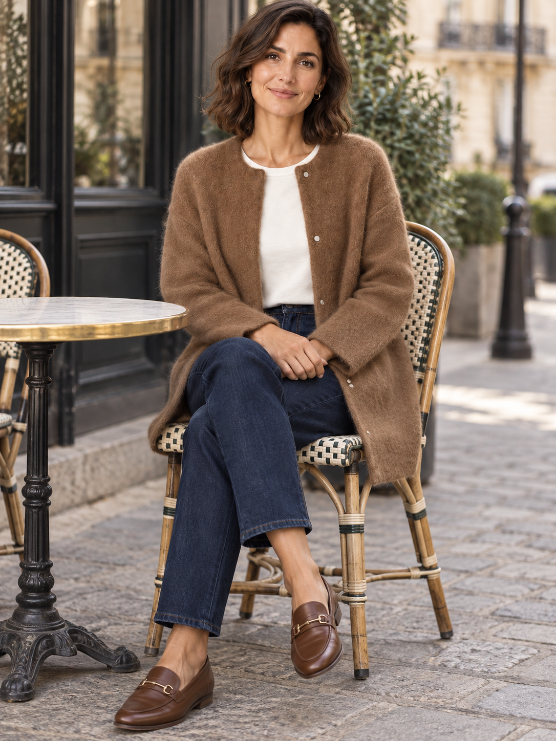 Bérengère — Caramel — modèle porté assis en terrasse
