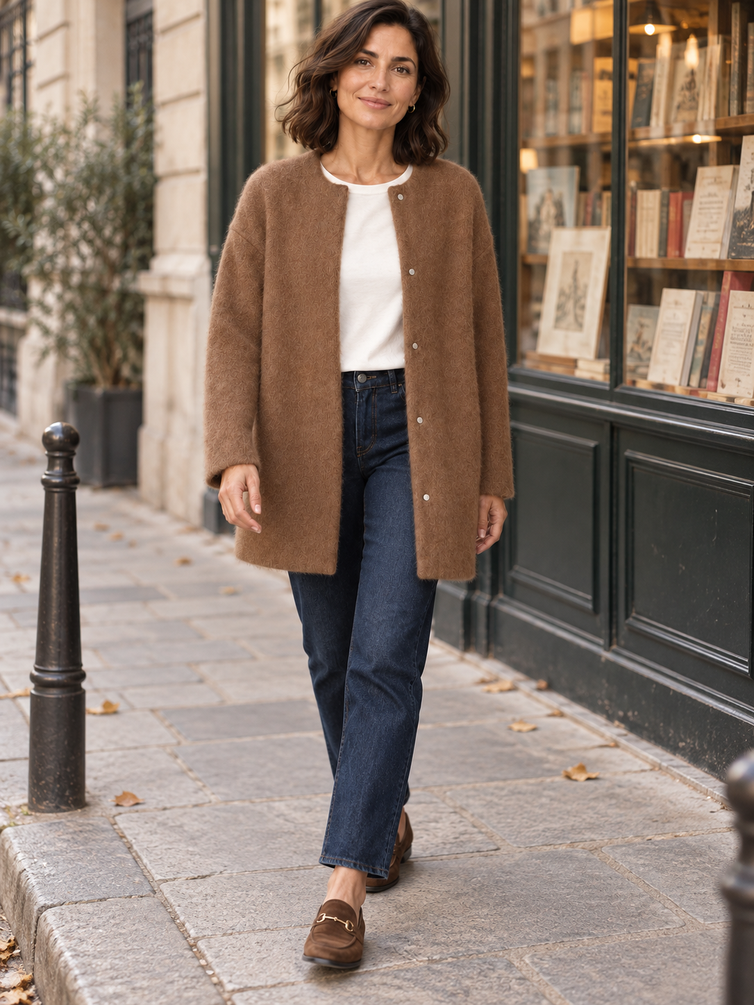 Bérengère — Caramel — modèle porté près d’une librairie
