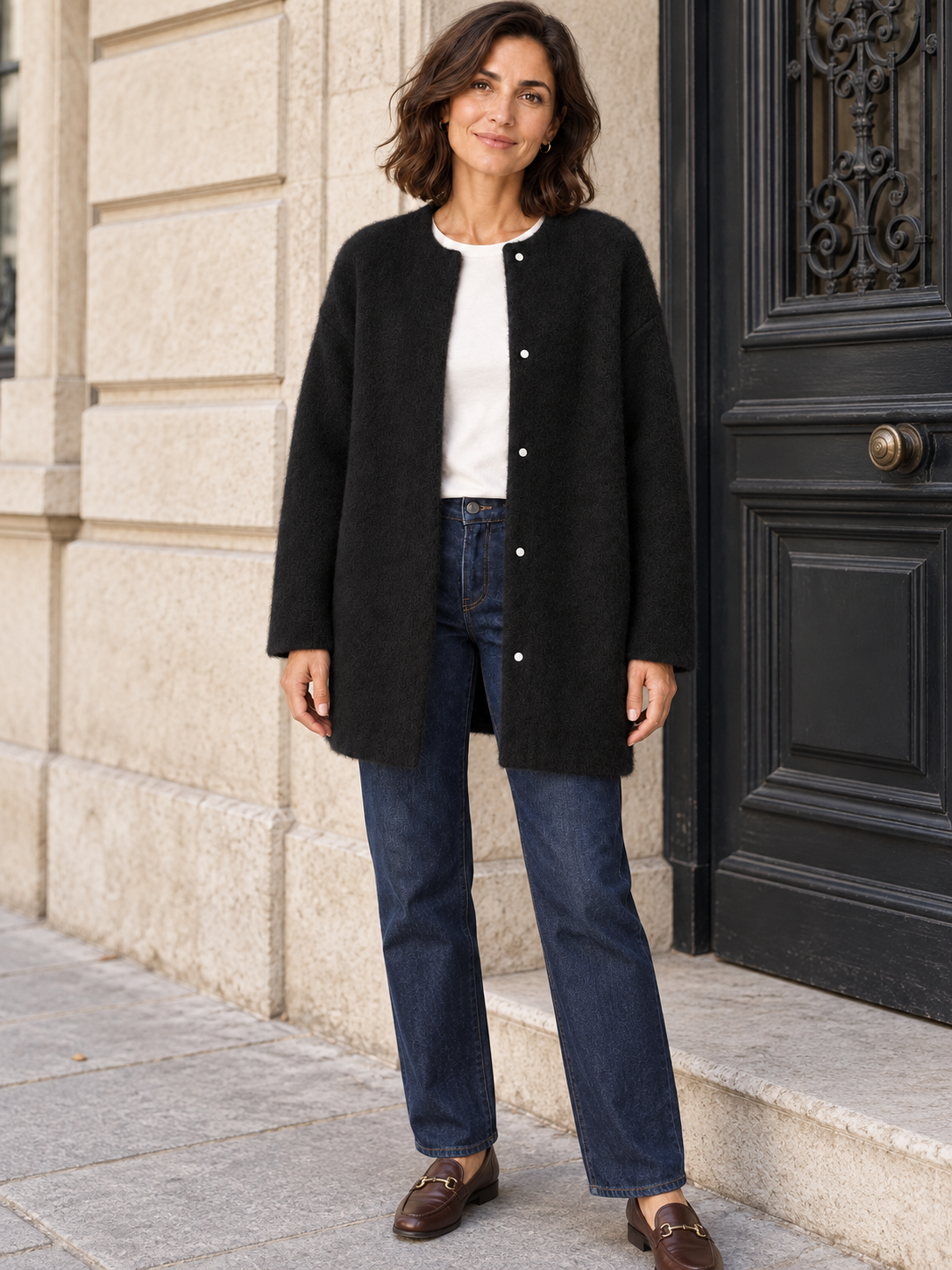 Bérengère — Noir — modèle porté devant une entrée parisienne