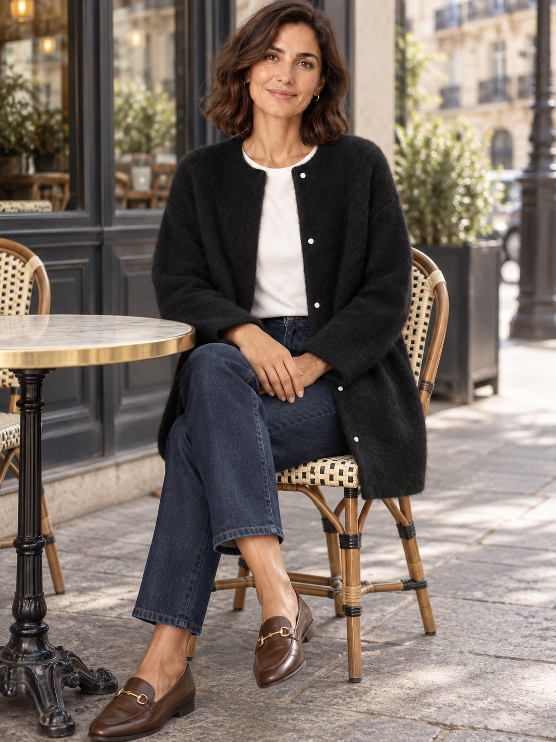 Bérengère — Noir — modèle porté assis en terrasse
