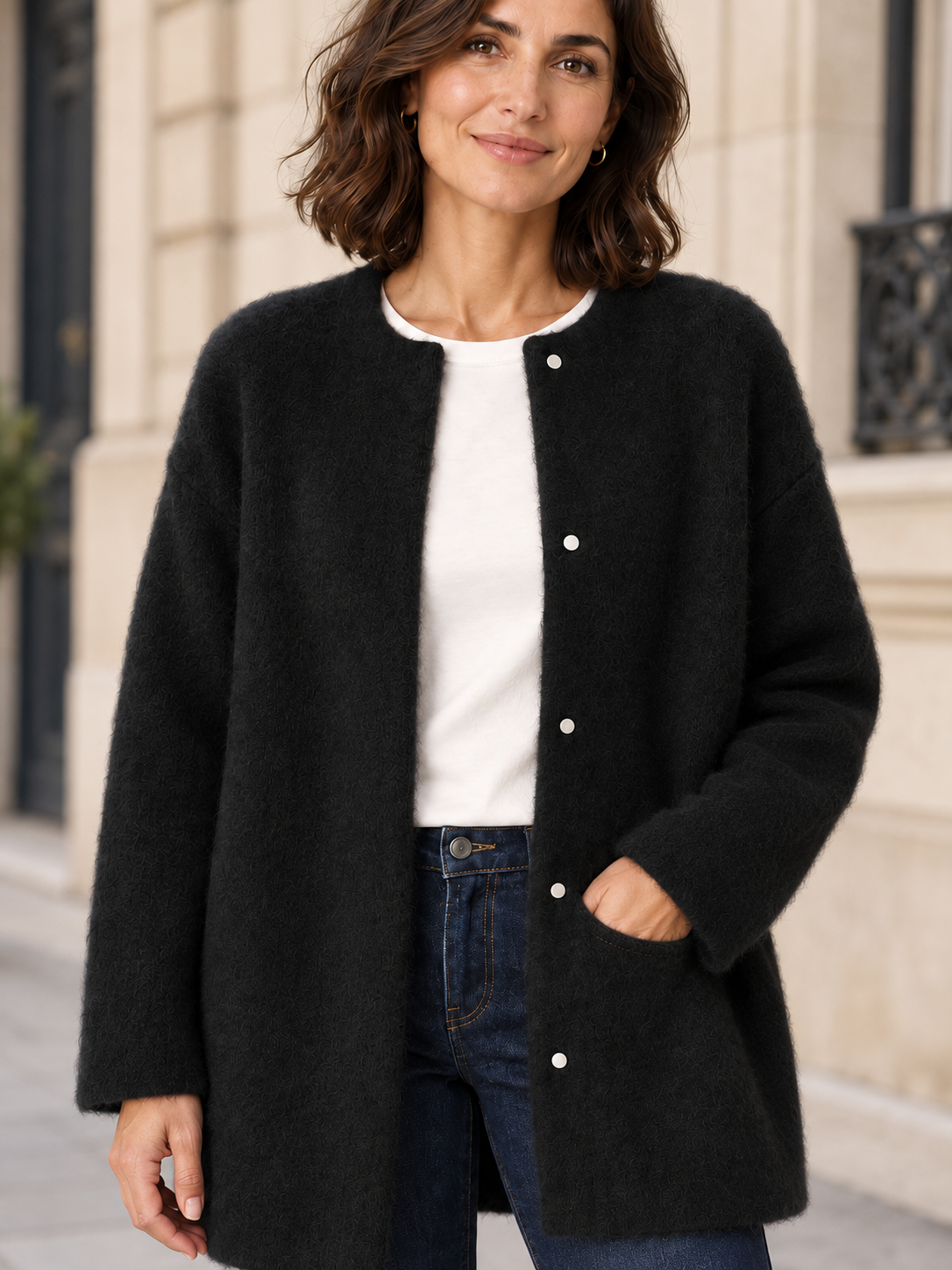 Bérengère — Noir — détail du col et des boutons-pression