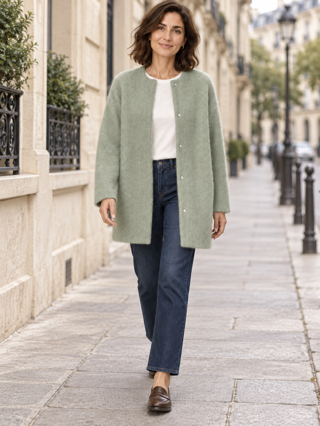 Bérengère — Vert sauge — silhouette portée en marche à Paris