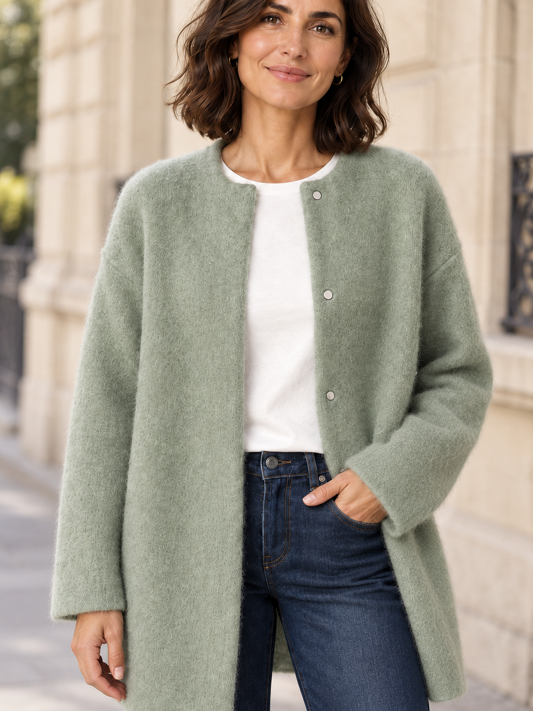 Bérengère — Vert sauge — détail du col et des boutons-pression