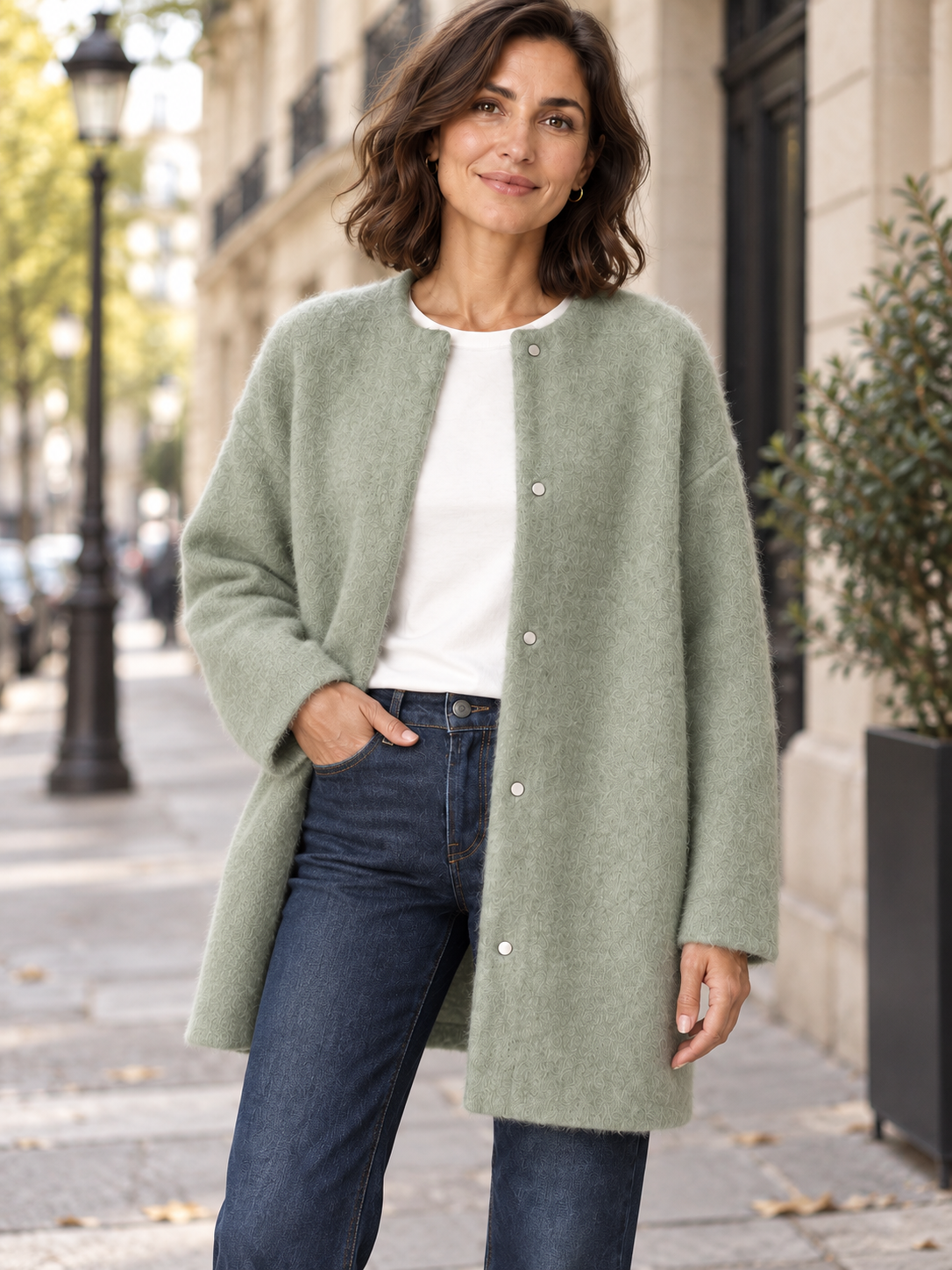 Bérengère — Vert sauge — détail de la coupe et de la maille