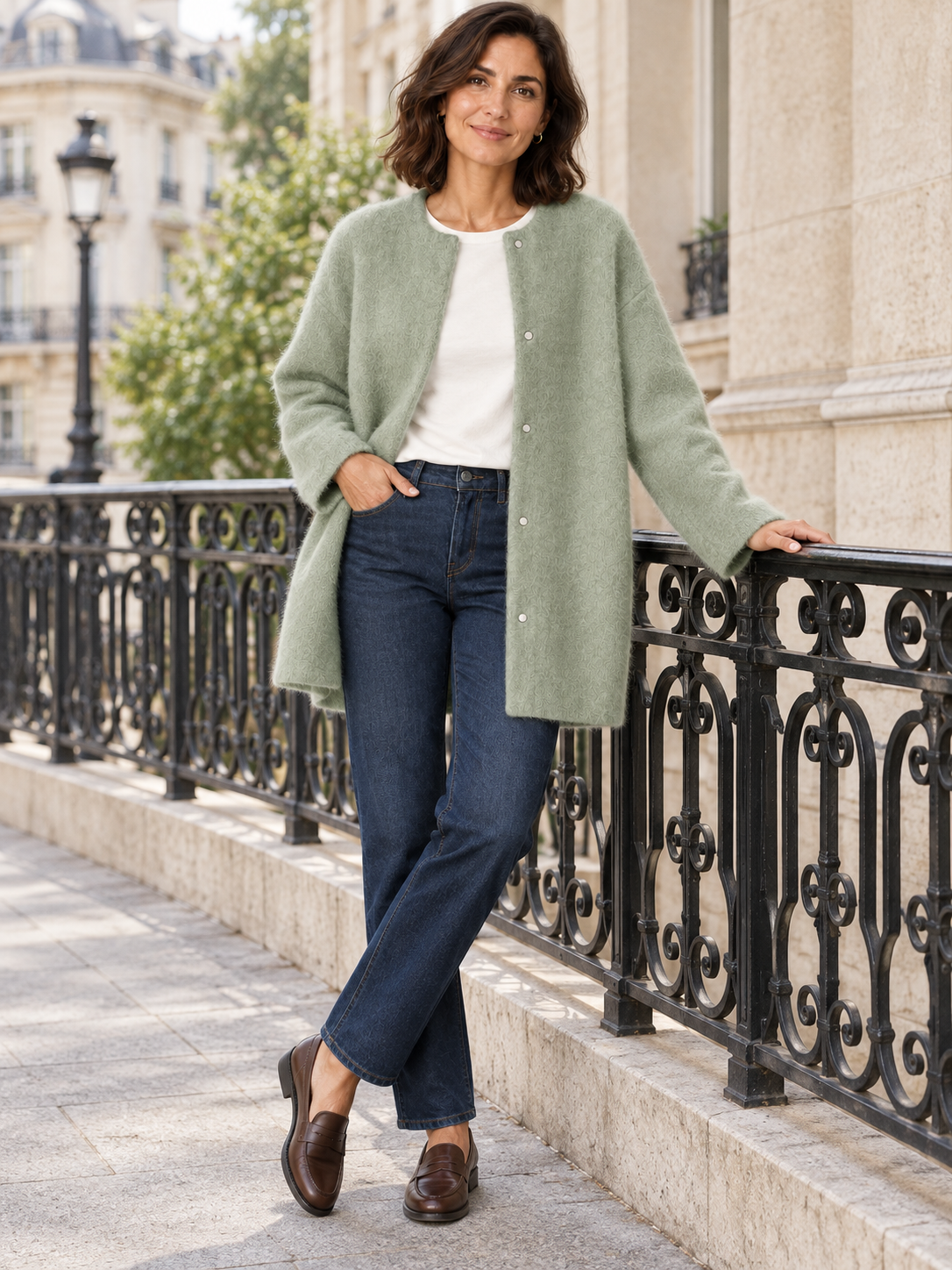 Bérengère — Vert sauge — silhouette portée près d’une rambarde parisienne