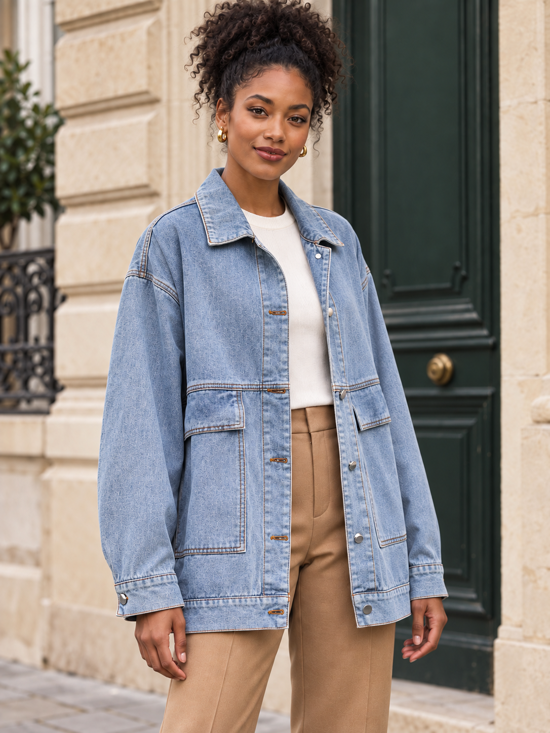 Aline — Long denim jacket with large pockets