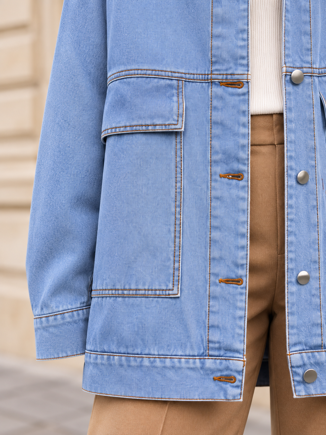 Aline — Long denim jacket with large pockets