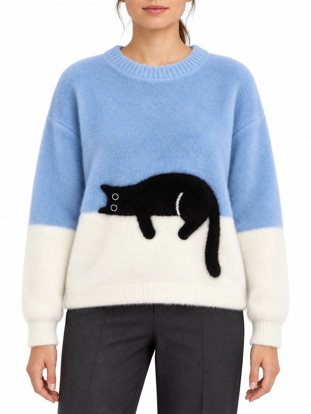 Pull bicolore en laine à motif chat — Léonie