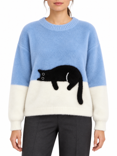 Pull bicolore en laine à motif chat — Léonie