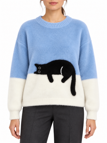 Pull bicolore en laine à motif chat — Léonie