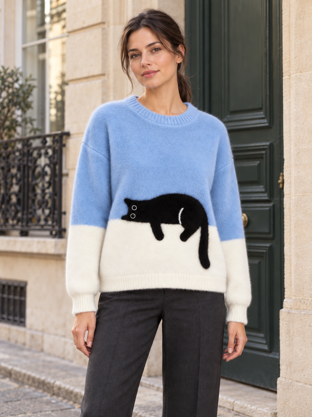 Maglione bicolore in lana con motivo gatto — Léonie