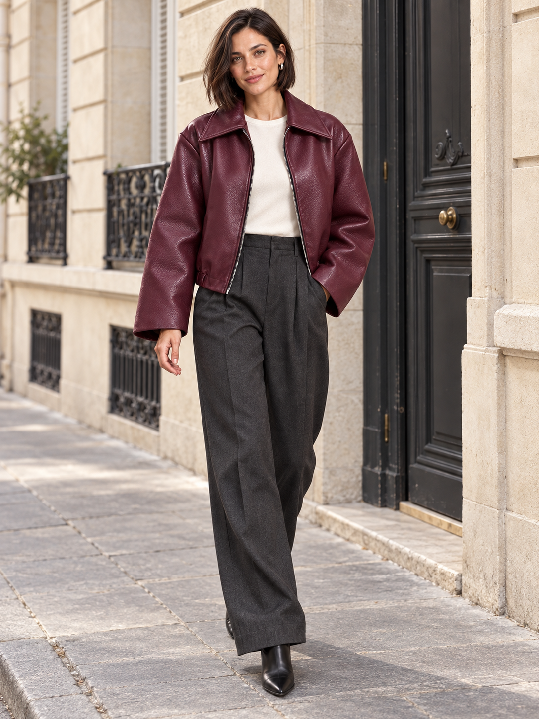Veste courte en cuir bordeaux — Sixtine