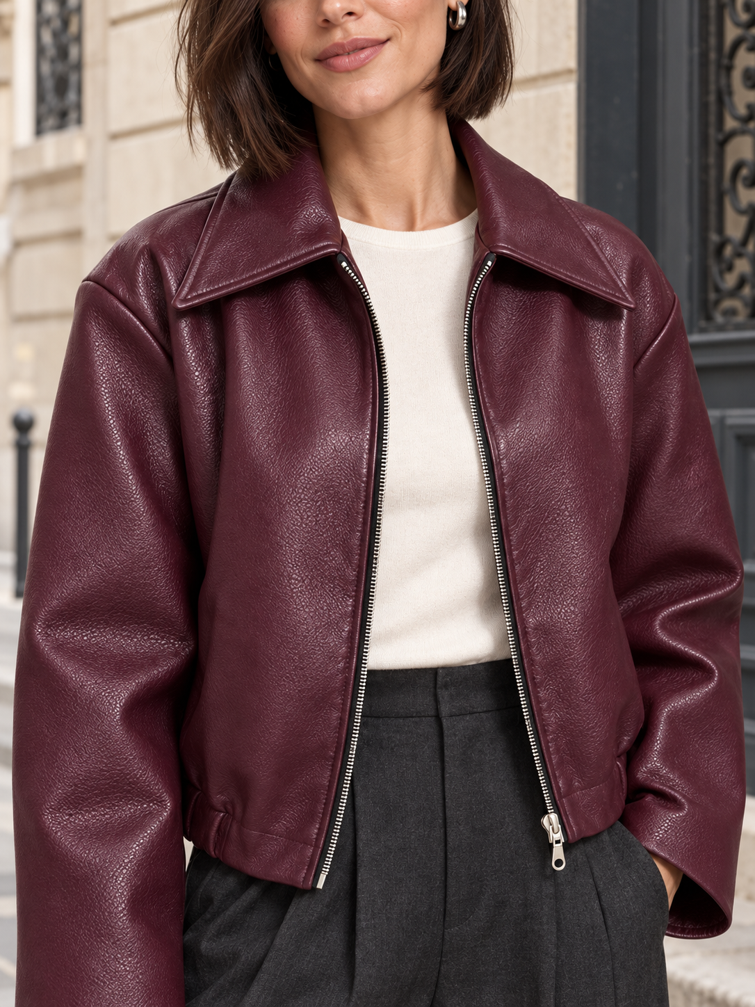 Veste courte en cuir bordeaux — Sixtine