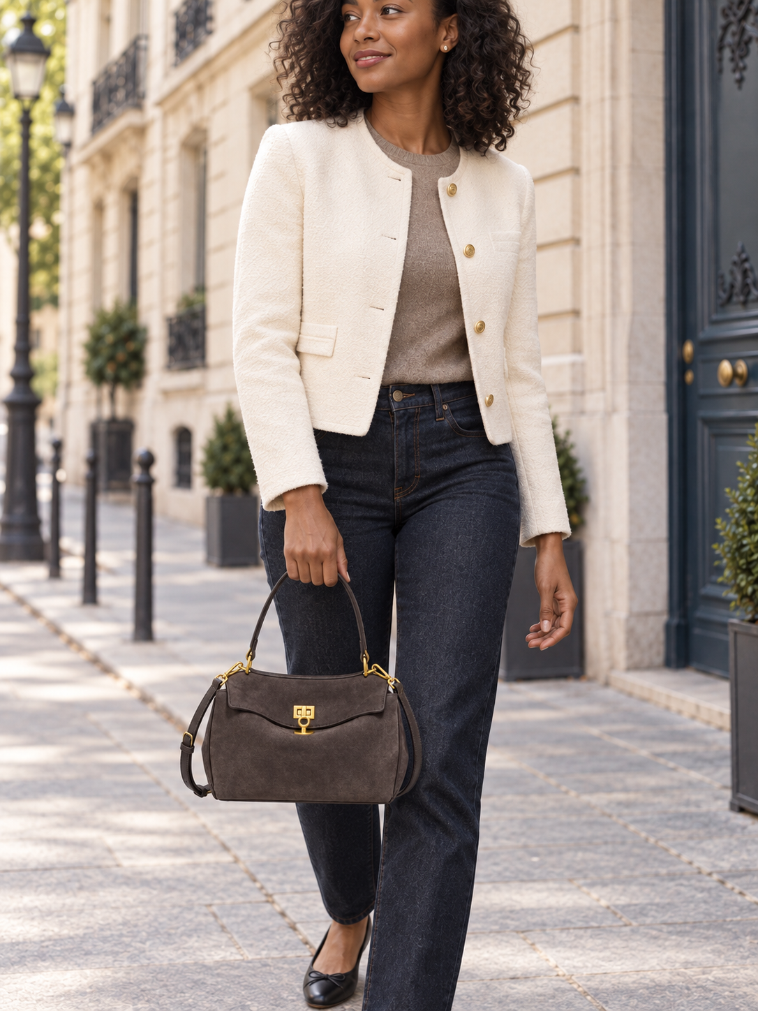 Faustine — Suede bag with gold-tone clasp