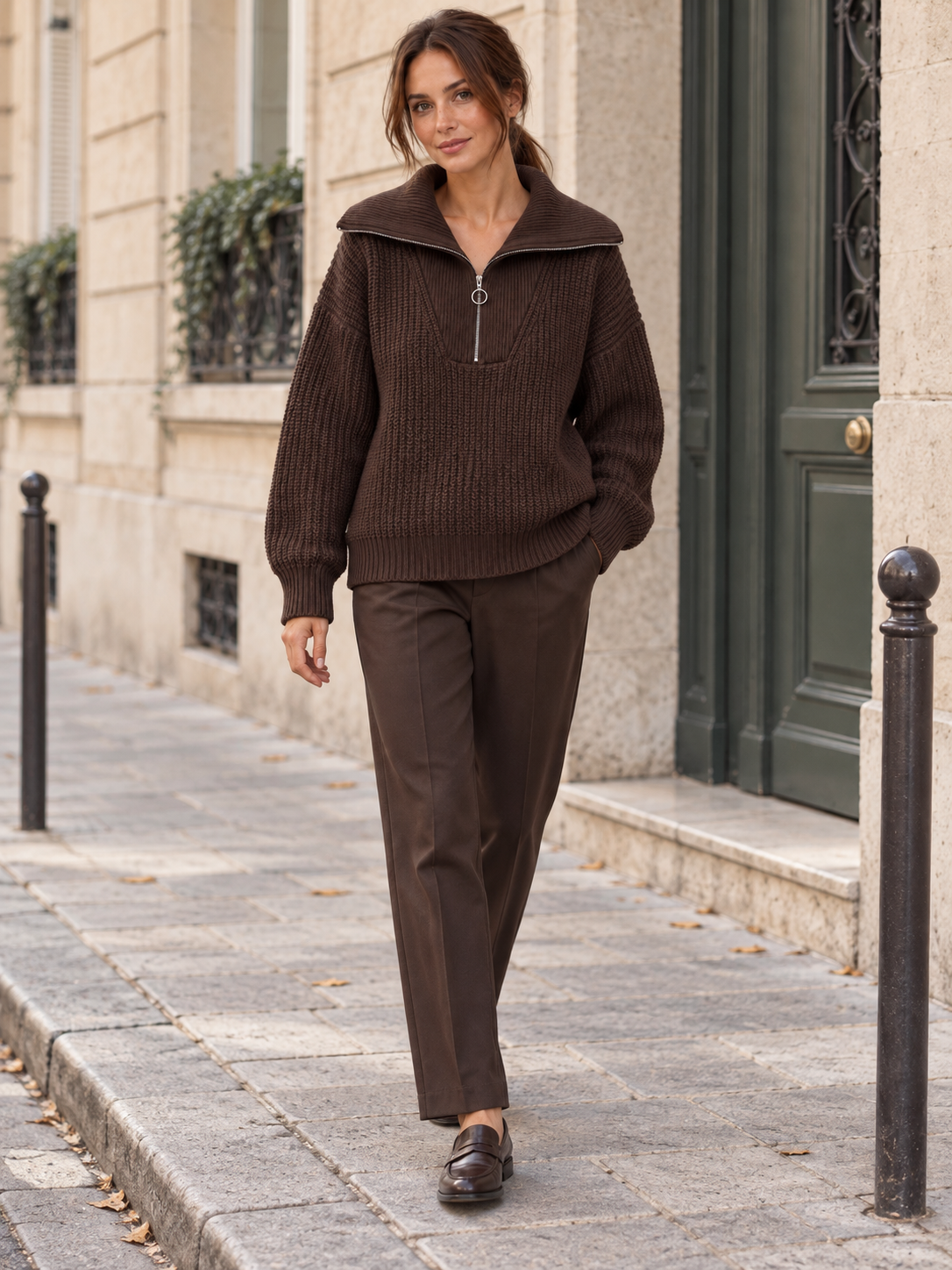 Clémence — Zip-neck wool sweater with ring pull