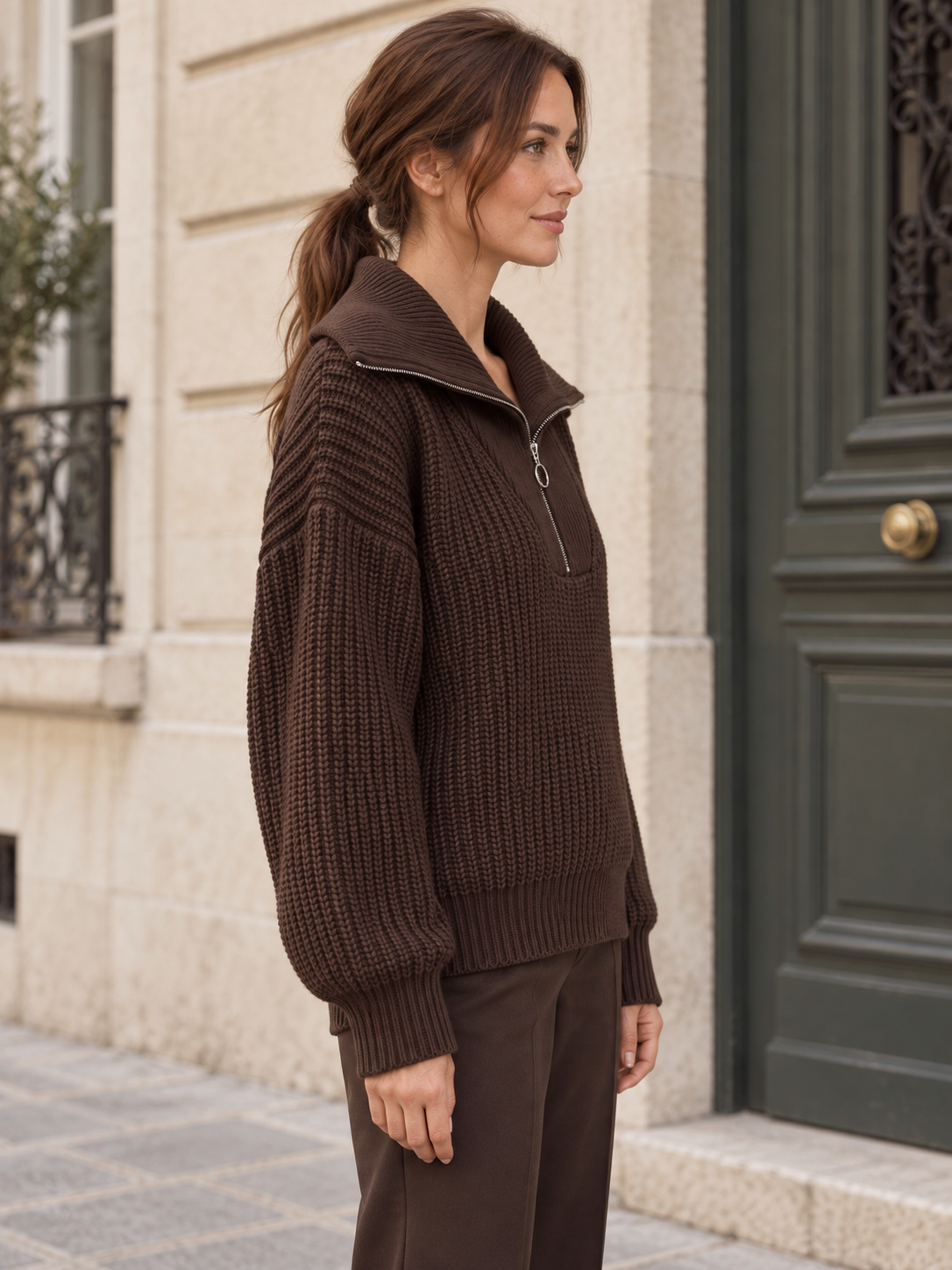 Clémence — Zip-neck wool sweater with ring pull