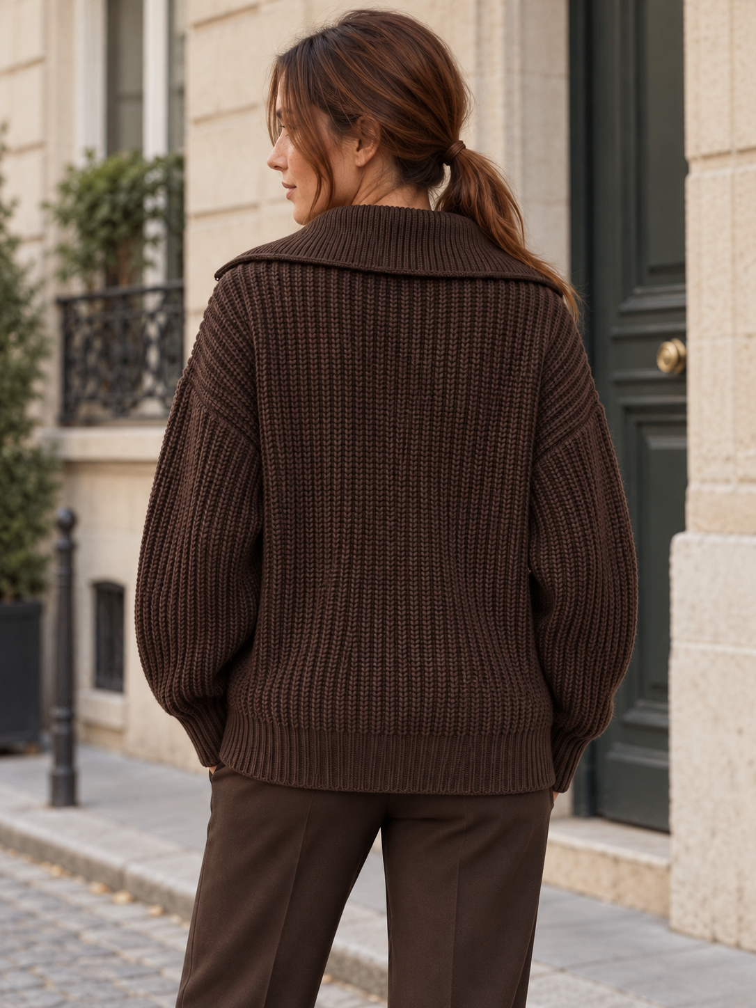 Clémence — Zip-neck wool sweater with ring pull